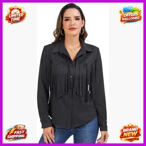 Long Sleeve Fringe Button Down Shirt Western Faux Suede Leather Top